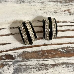 Donald Stannard VTG Black Gold Half Hoop Earrings Clip On Enamel Rhinestone